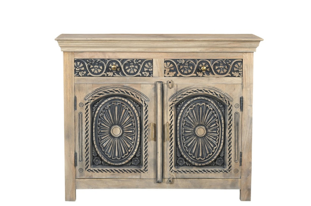 HomeRoots 46 Inch Solid Wood Buffet with Carved Scrollwork Two Drawers Distressed Black Finish 565166