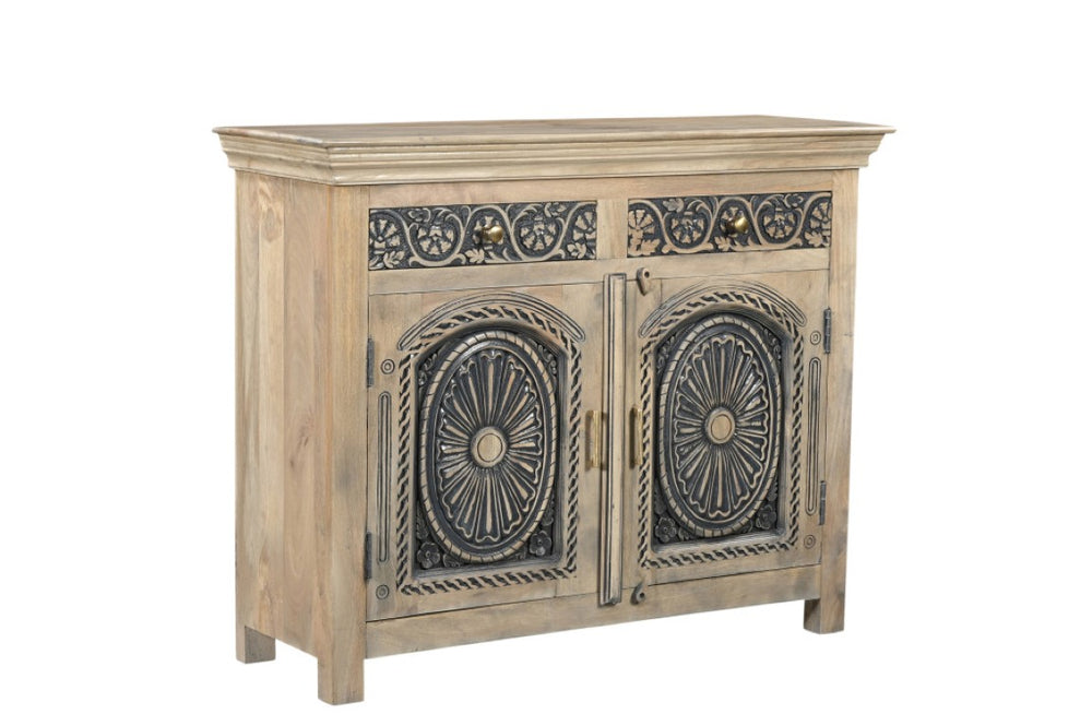 HomeRoots 46 Inch Solid Wood Buffet with Carved Scrollwork Two Drawers Distressed Black Finish 565166
