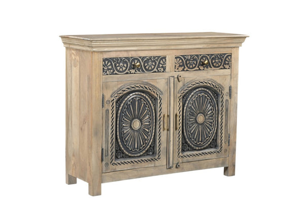 46 Inch Solid Wood Buffet with Carved Scrollwork Two Drawers Distressed Black Finish