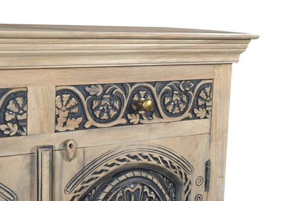 46 Inch Solid Wood Buffet with Carved Scrollwork Two Drawers Distressed Black Finish