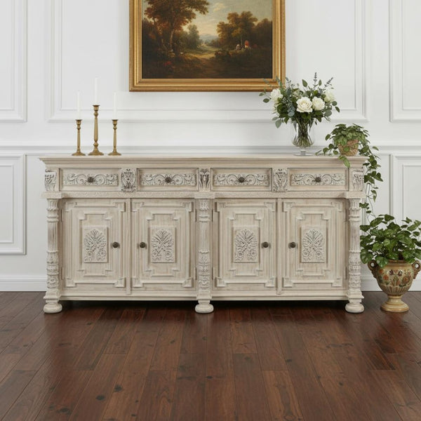 HomeRoots 89" Distressed Solid Wood Carved Scrollwork Sideboard - Elegant Storage for Any Room Decor & Style 565167