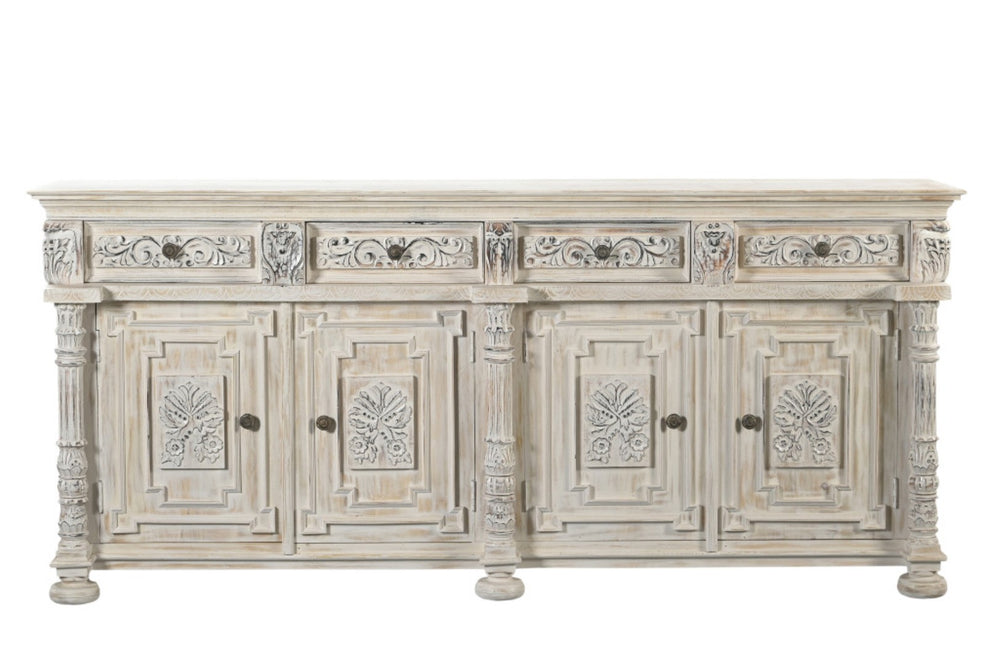 HomeRoots 89" Distressed Solid Wood Carved Scrollwork Sideboard - Elegant Storage for Any Room Decor & Style 565167
