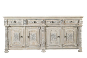 HomeRoots 89" Distressed Solid Wood Carved Scrollwork Sideboard - Elegant Storage for Any Room Decor & Style 565167