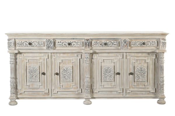 HomeRoots 89" Distressed Solid Wood Carved Scrollwork Sideboard - Elegant Storage for Any Room Decor & Style 565167