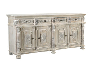 HomeRoots 89" Distressed Solid Wood Carved Scrollwork Sideboard - Elegant Storage for Any Room Decor & Style 565167