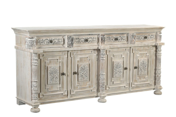 HomeRoots 89" Distressed Solid Wood Carved Scrollwork Sideboard - Elegant Storage for Any Room Decor & Style 565167