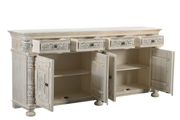 HomeRoots 89" Distressed Solid Wood Carved Scrollwork Sideboard - Elegant Storage for Any Room Decor & Style 565167