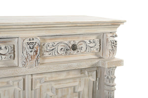 HomeRoots 89" Distressed Solid Wood Carved Scrollwork Sideboard - Elegant Storage for Any Room Decor & Style 565167