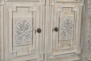 HomeRoots 89" Distressed Solid Wood Carved Scrollwork Sideboard - Elegant Storage for Any Room Decor & Style 565167