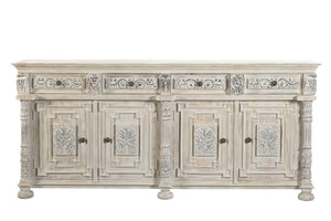HomeRoots 89" Distressed Solid Wood Carved Scrollwork Sideboard - Elegant Storage for Any Room Decor & Style 565167