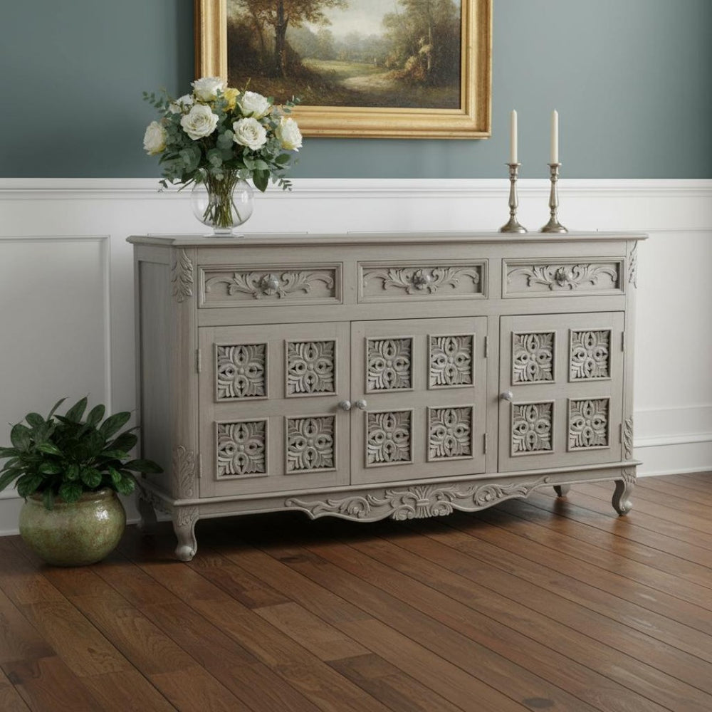 HomeRoots 69" Gray Distressed Solid Wood Sideboard - Elegant Floral Carving, 3 Drawers & Doors for Stylish Storage 565168