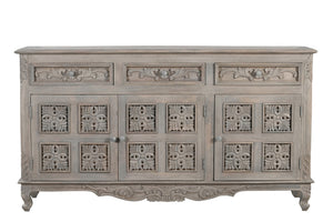 HomeRoots 69" Gray Distressed Solid Wood Sideboard - Elegant Floral Carving, 3 Drawers & Doors for Stylish Storage 565168
