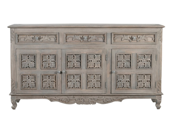 HomeRoots 69" Gray Distressed Solid Wood Sideboard - Elegant Floral Carving, 3 Drawers & Doors for Stylish Storage 565168