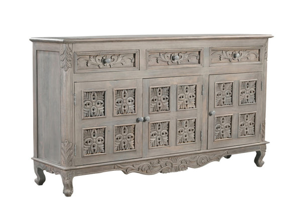 HomeRoots 69" Gray Distressed Solid Wood Sideboard - Elegant Floral Carving, 3 Drawers & Doors for Stylish Storage 565168