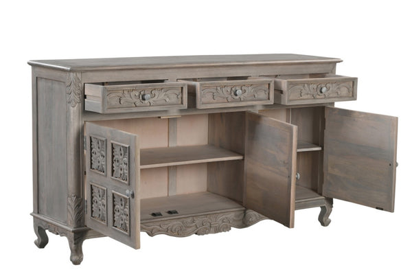 HomeRoots 69" Gray Distressed Solid Wood Sideboard - Elegant Floral Carving, 3 Drawers & Doors for Stylish Storage 565168