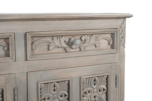 HomeRoots 69" Gray Distressed Solid Wood Sideboard - Elegant Floral Carving, 3 Drawers & Doors for Stylish Storage 565168