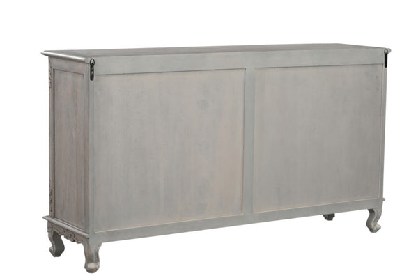 HomeRoots 69" Gray Distressed Solid Wood Sideboard - Elegant Floral Carving, 3 Drawers & Doors for Stylish Storage 565168