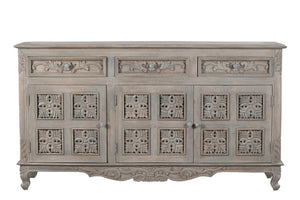 HomeRoots 69" Gray Distressed Solid Wood Sideboard - Elegant Floral Carving, 3 Drawers & Doors for Stylish Storage 565168