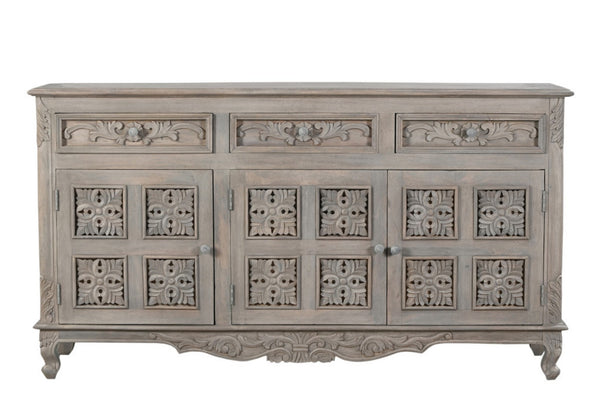 HomeRoots 69" Gray Distressed Solid Wood Sideboard - Elegant Floral Carving, 3 Drawers & Doors for Stylish Storage 565168