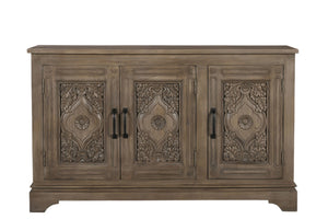 HomeRoots 59" Brown Distressed Solid Wood Sideboard with Carved Scrollwork - Elegant Storage & Display Cabinet 565170