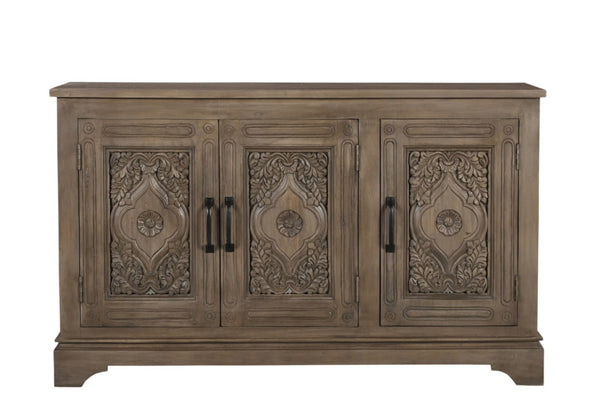 HomeRoots 59" Brown Distressed Solid Wood Sideboard with Carved Scrollwork - Elegant Storage & Display Cabinet 565170