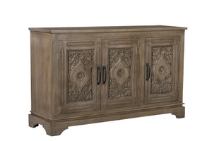 HomeRoots 59" Brown Distressed Solid Wood Sideboard with Carved Scrollwork - Elegant Storage & Display Cabinet 565170