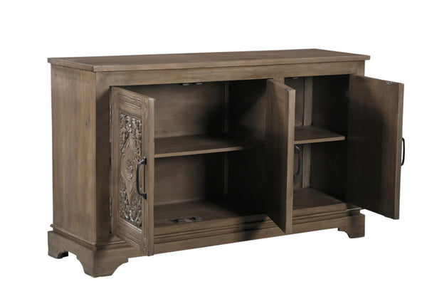 HomeRoots 59" Brown Distressed Solid Wood Sideboard with Carved Scrollwork - Elegant Storage & Display Cabinet 565170