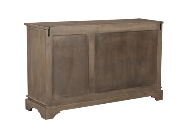 HomeRoots 59" Brown Distressed Solid Wood Sideboard with Carved Scrollwork - Elegant Storage & Display Cabinet 565170