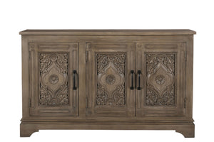 HomeRoots 59" Brown Distressed Solid Wood Sideboard with Carved Scrollwork - Elegant Storage & Display Cabinet 565170