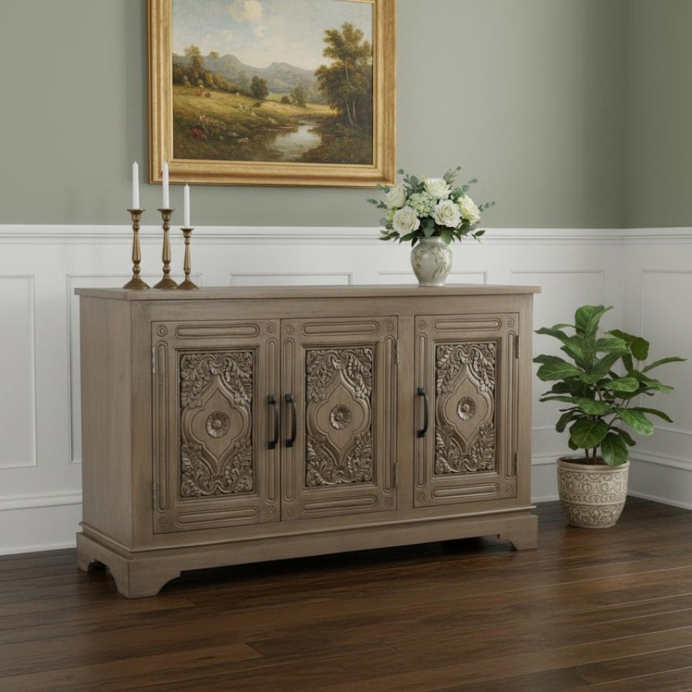 HomeRoots 59" Brown Distressed Solid Wood Sideboard with Carved Scrollwork - Elegant Storage & Display Cabinet 565170