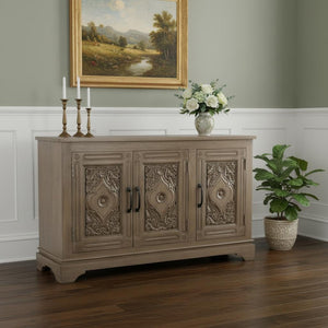 HomeRoots 59" Brown Distressed Solid Wood Sideboard with Carved Scrollwork - Elegant Storage & Display Cabinet 565170
