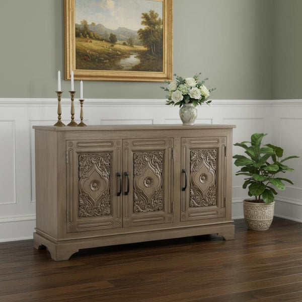 HomeRoots 59" Brown Distressed Solid Wood Sideboard with Carved Scrollwork - Elegant Storage & Display Cabinet 565170
