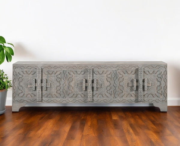 Homeroots 79" Gray Carved Scrollwork Distressed Solid Wood Tv Stand With Ample Storage For Media & Décor  Solid Wood 565171