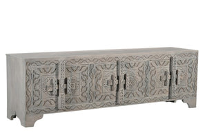 Homeroots 79" Gray Carved Scrollwork Distressed Solid Wood Tv Stand With Ample Storage For Media & Décor  Solid Wood 565171