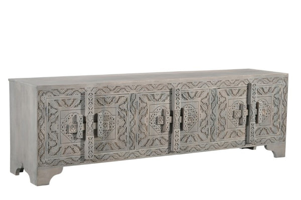 Homeroots 79" Gray Carved Scrollwork Distressed Solid Wood Tv Stand With Ample Storage For Media & Décor  Solid Wood 565171