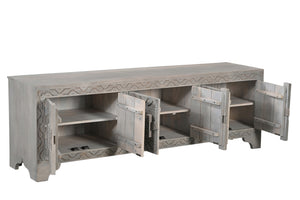 Homeroots 79" Gray Carved Scrollwork Distressed Solid Wood Tv Stand With Ample Storage For Media & Décor  Solid Wood 565171