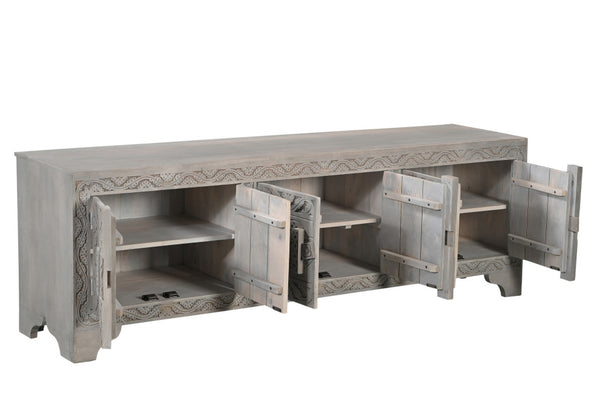 Homeroots 79" Gray Carved Scrollwork Distressed Solid Wood Tv Stand With Ample Storage For Media & Décor  Solid Wood 565171