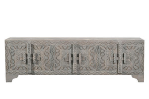 Homeroots 79" Gray Carved Scrollwork Distressed Solid Wood Tv Stand With Ample Storage For Media & Décor  Solid Wood 565171