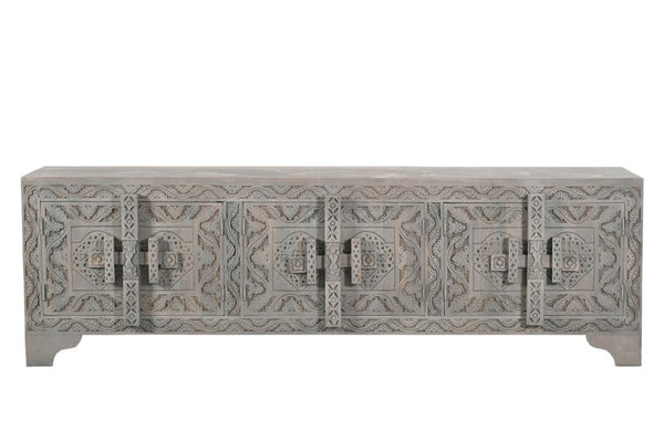 Homeroots 79" Gray Carved Scrollwork Distressed Solid Wood Tv Stand With Ample Storage For Media & Décor  Solid Wood 565171