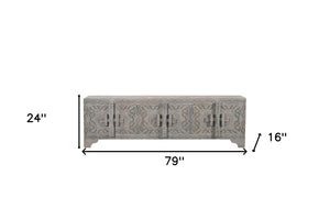 Homeroots 79" Gray Carved Scrollwork Distressed Solid Wood Tv Stand With Ample Storage For Media & Décor  Solid Wood 565171