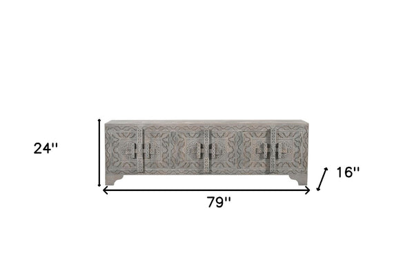 Homeroots 79" Gray Carved Scrollwork Distressed Solid Wood Tv Stand With Ample Storage For Media & Décor  Solid Wood 565171