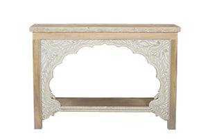 HomeRoots 56" Rustic Solid Wood Console Table with Distressed Finish, Ample Storage & Elegant Carved Detail 565172