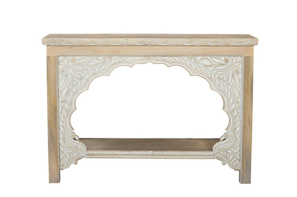 HomeRoots 56" Rustic Solid Wood Console Table with Distressed Finish, Ample Storage & Elegant Carved Detail 565172
