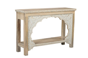 HomeRoots 56" Rustic Solid Wood Console Table with Distressed Finish, Ample Storage & Elegant Carved Detail 565172