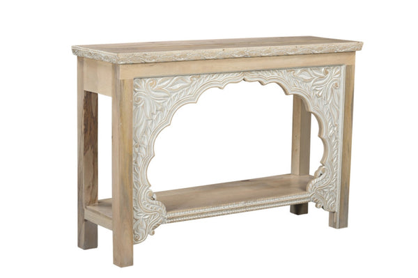 HomeRoots 56" Rustic Solid Wood Console Table with Distressed Finish, Ample Storage & Elegant Carved Detail 565172