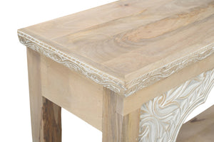 HomeRoots 56" Rustic Solid Wood Console Table with Distressed Finish, Ample Storage & Elegant Carved Detail 565172