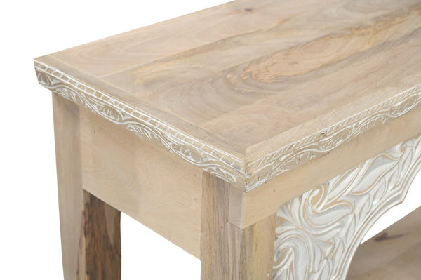 HomeRoots 56" Rustic Solid Wood Console Table with Distressed Finish, Ample Storage & Elegant Carved Detail 565172