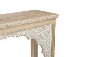 HomeRoots 56" Rustic Solid Wood Console Table with Distressed Finish, Ample Storage & Elegant Carved Detail 565172