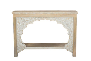 HomeRoots 56" Rustic Solid Wood Console Table with Distressed Finish, Ample Storage & Elegant Carved Detail 565172