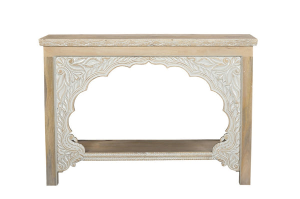 HomeRoots 56" Rustic Solid Wood Console Table with Distressed Finish, Ample Storage & Elegant Carved Detail 565172